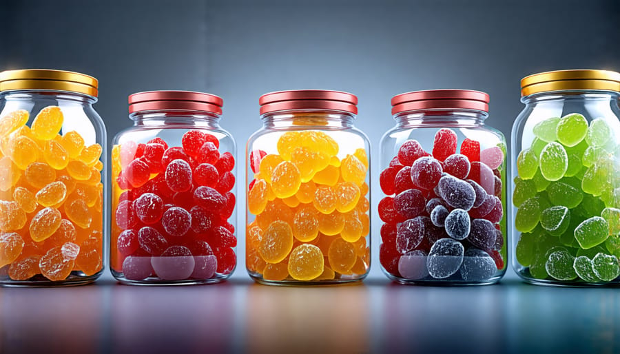 Assorted freeze-dried candies in jars showcasing different shapes and vibrant colors