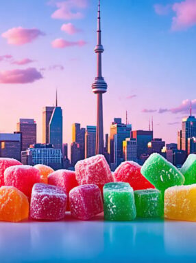 A skyline view of Toronto creatively blended with bright and colorful freeze-dried candies, representing the city's latest confectionery trend.