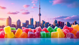 A skyline view of Toronto creatively blended with bright and colorful freeze-dried candies, representing the city's latest confectionery trend.