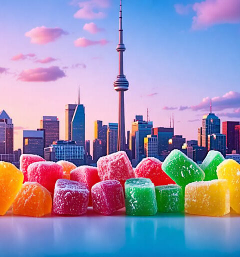 A skyline view of Toronto creatively blended with bright and colorful freeze-dried candies, representing the city's latest confectionery trend.