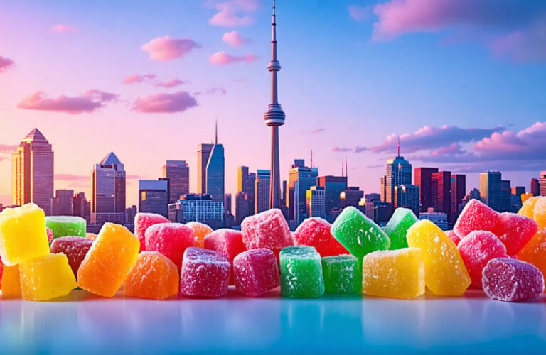 A skyline view of Toronto creatively blended with bright and colorful freeze-dried candies, representing the city's latest confectionery trend.