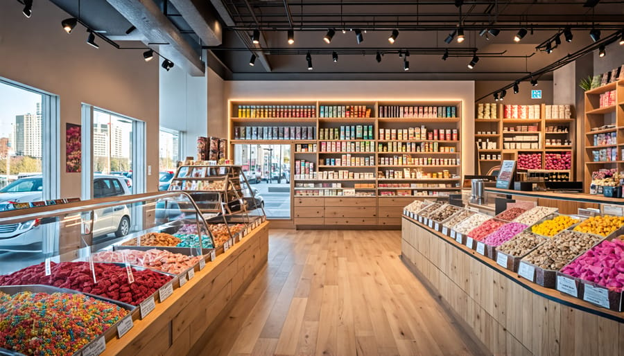 View of a Toronto freeze-dried candy store with shelves full of colorful candies