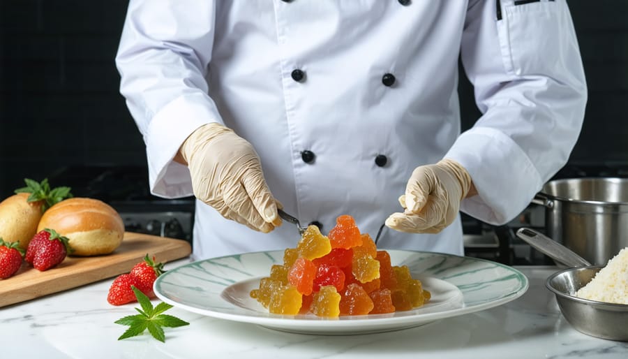 Chef using THC gummies in the creative process of crafting a new dish