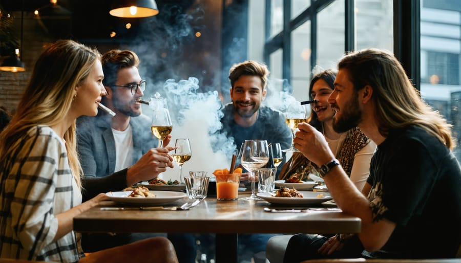 Friends dining and vaping in a Toronto restaurant