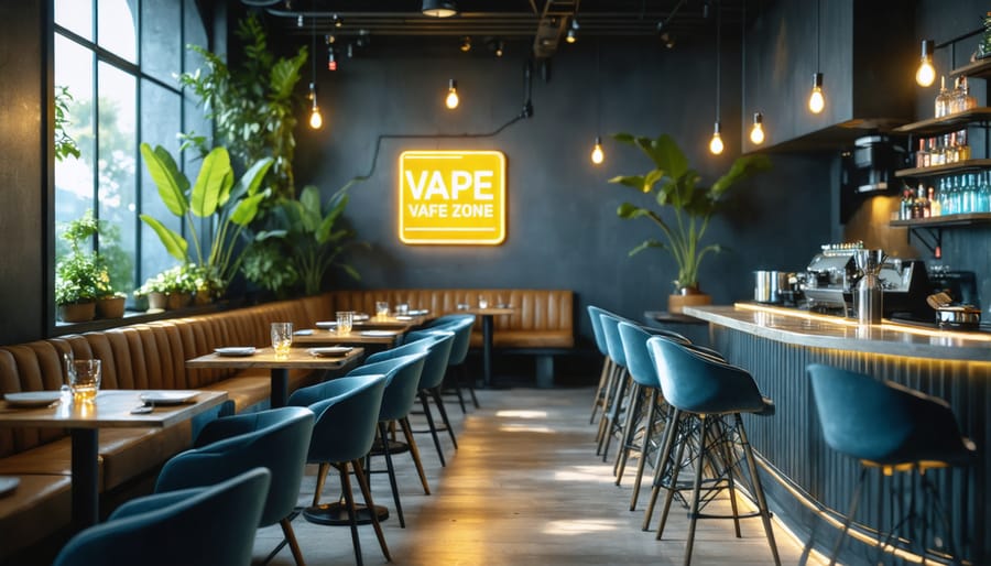 Indoor dining area with sign indicating a vaping-friendly zone