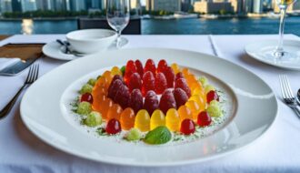 A gourmet dish elegantly presented with THC gummies, set against the backdrop of Toronto's urban skyline, representing the infusion of cannabis culture into fine dining.