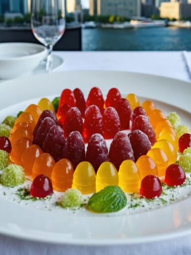 A gourmet dish elegantly presented with THC gummies, set against the backdrop of Toronto's urban skyline, representing the infusion of cannabis culture into fine dining.