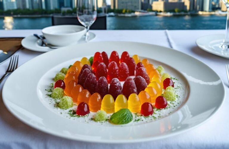 A gourmet dish elegantly presented with THC gummies, set against the backdrop of Toronto's urban skyline, representing the infusion of cannabis culture into fine dining.