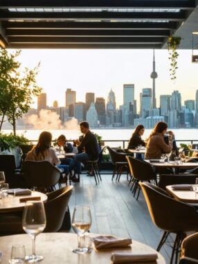 A modern outdoor dining scene in Toronto with a designated vaping area, featuring patrons enjoying meals and vaping under the Toronto skyline at sunset.