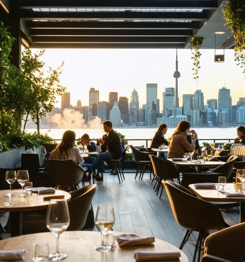 A modern outdoor dining scene in Toronto with a designated vaping area, featuring patrons enjoying meals and vaping under the Toronto skyline at sunset.