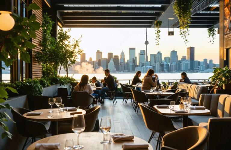 A modern outdoor dining scene in Toronto with a designated vaping area, featuring patrons enjoying meals and vaping under the Toronto skyline at sunset.