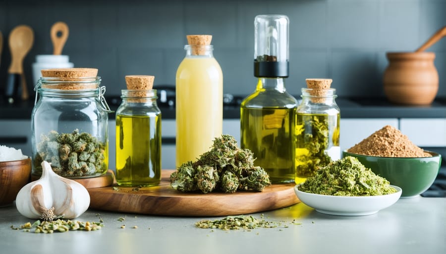 Collection of THC-infused ingredients and prepared dishes displayed on a countertop for home cooking