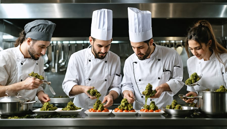 Chefs innovatively applying THC infusions to a variety of dishes in a busy kitchen