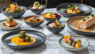 An exquisite presentation of gourmet THC-infused dishes showcasing diverse cuisines on a sophisticated dining table in a Toronto restaurant, reflecting the city's innovative culinary scene.