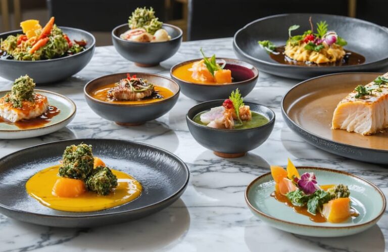 An exquisite presentation of gourmet THC-infused dishes showcasing diverse cuisines on a sophisticated dining table in a Toronto restaurant, reflecting the city's innovative culinary scene.